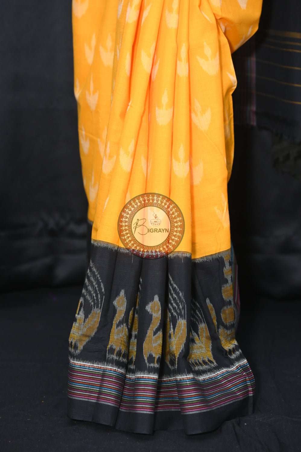 Yellow Black Boita Khandua Cotton Saree