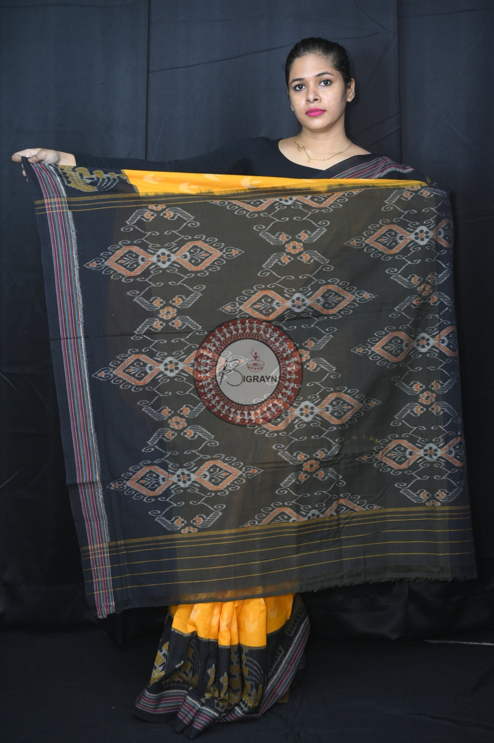 Yellow Black Boita Khandua Cotton Saree