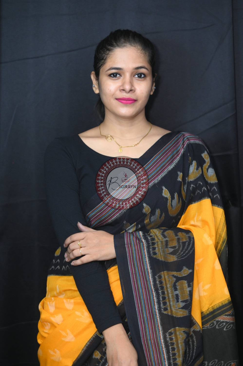 Yellow Black Boita Khandua Cotton Saree