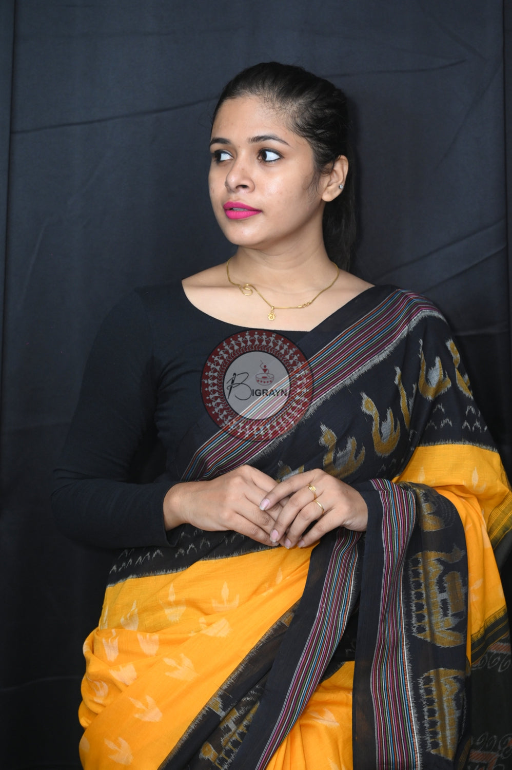 Yellow Black Boita Khandua Cotton Saree