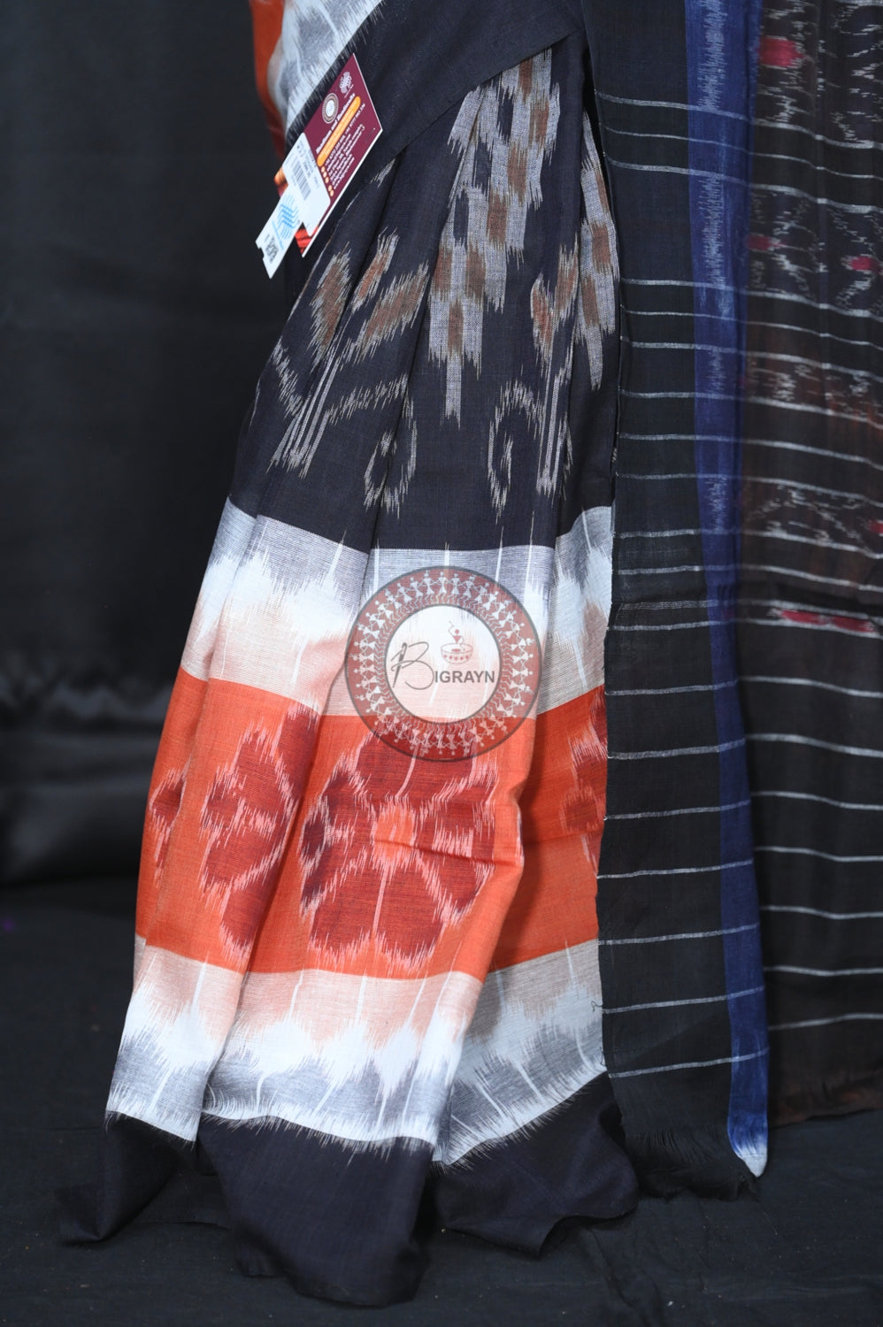 White Brown Black 7D Khandua Cotton Saree