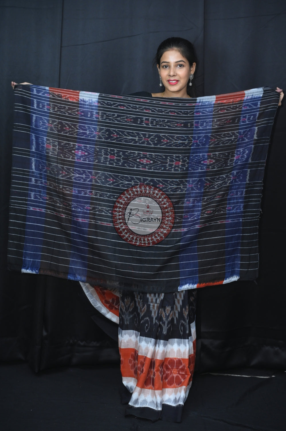 White Brown Black 7D Khandua Cotton Saree
