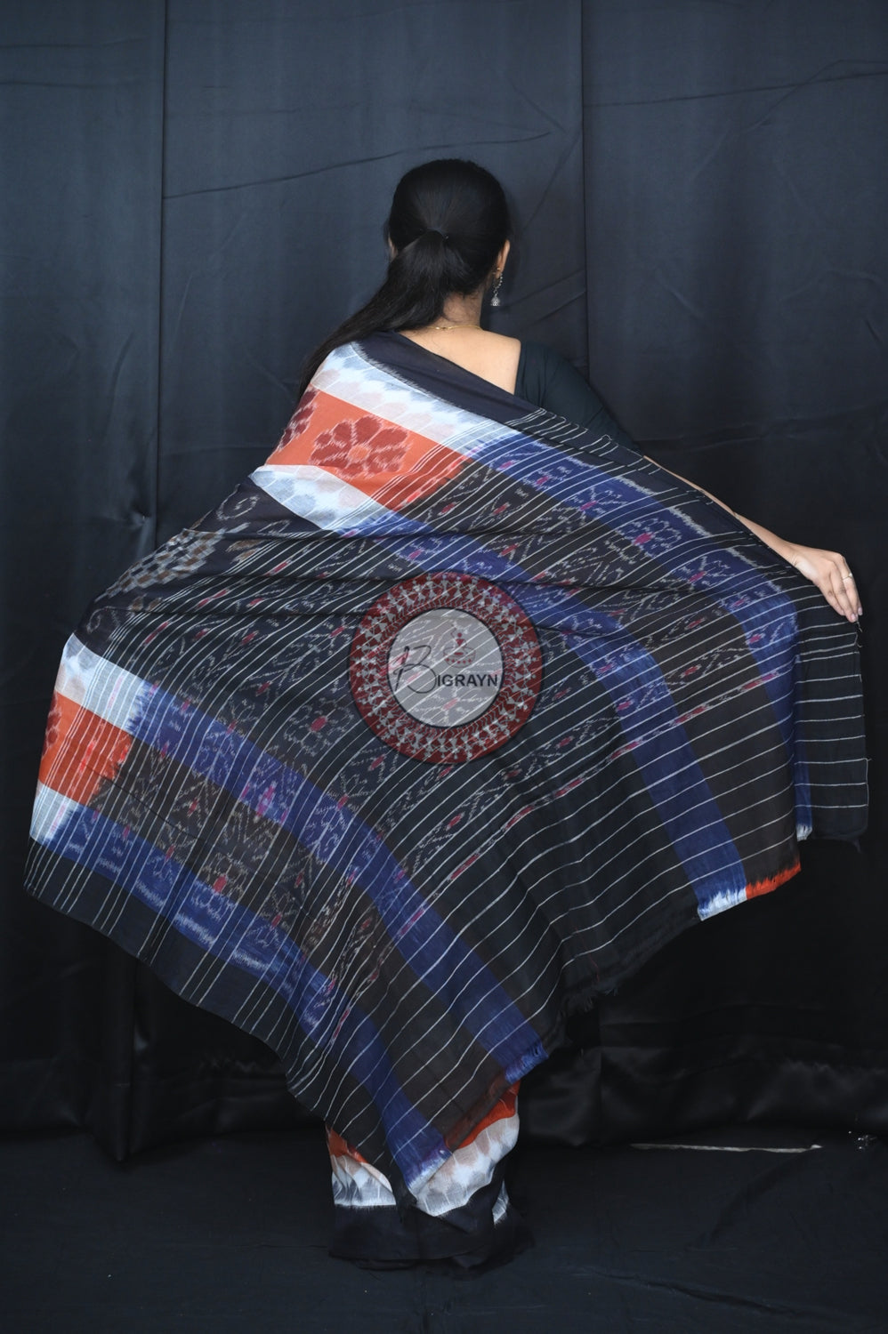 White Brown Black 7D Khandua Cotton Saree