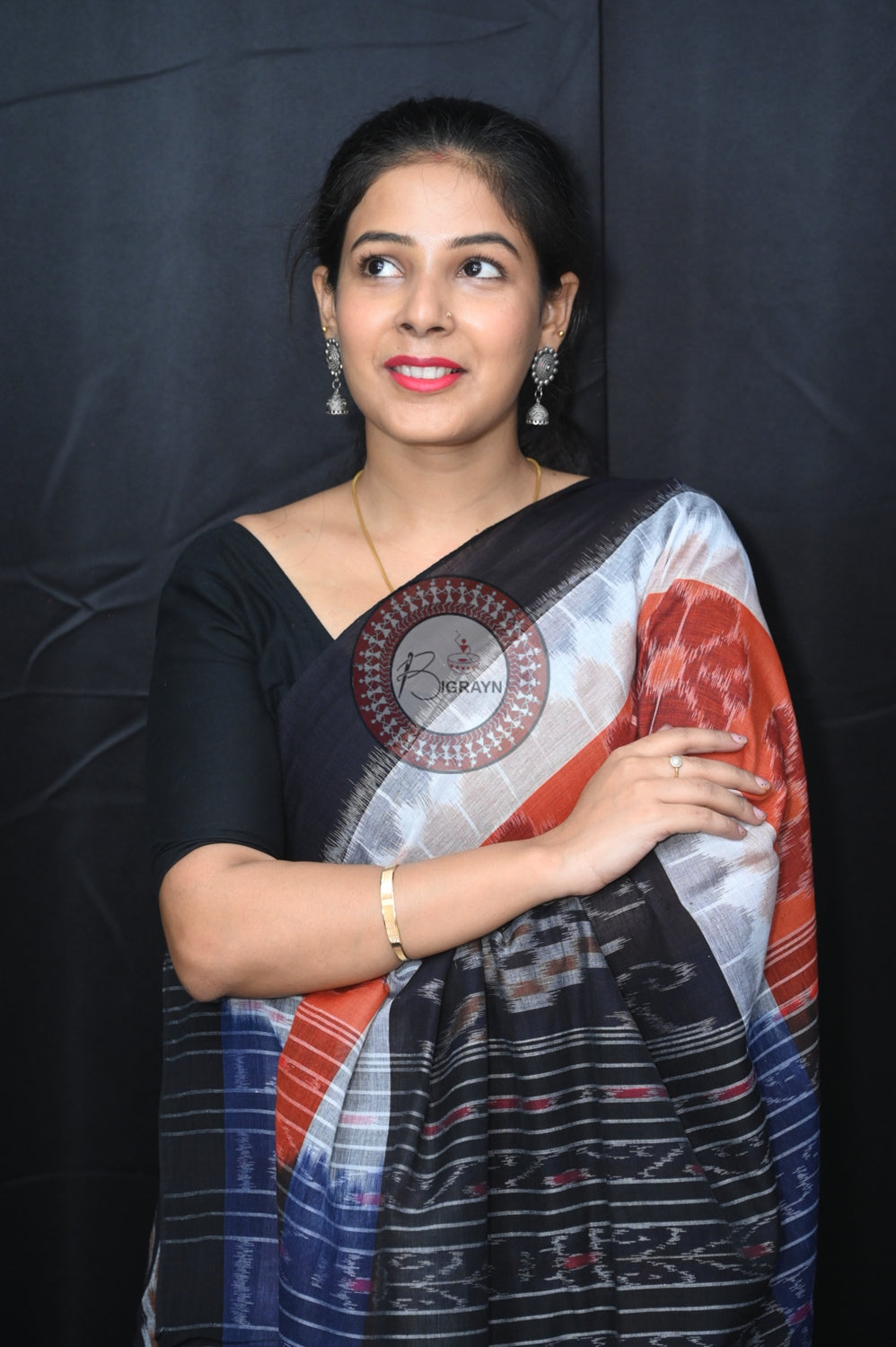 White Brown Black 7D Khandua Cotton Saree