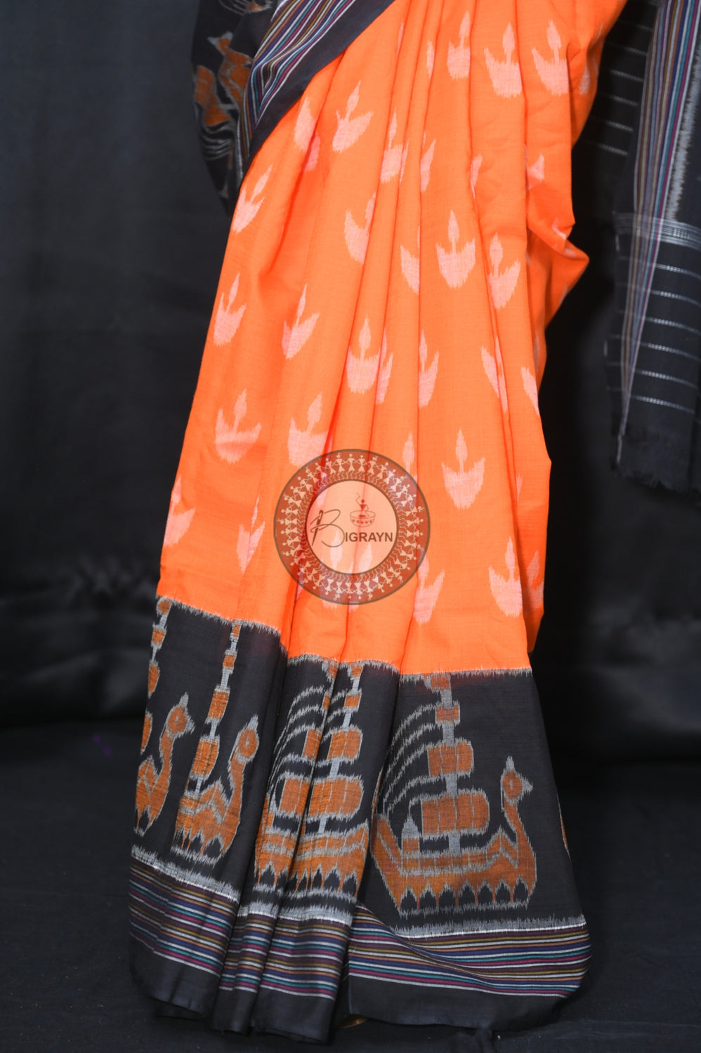 Orange Black Boita Khandua Cotton Saree