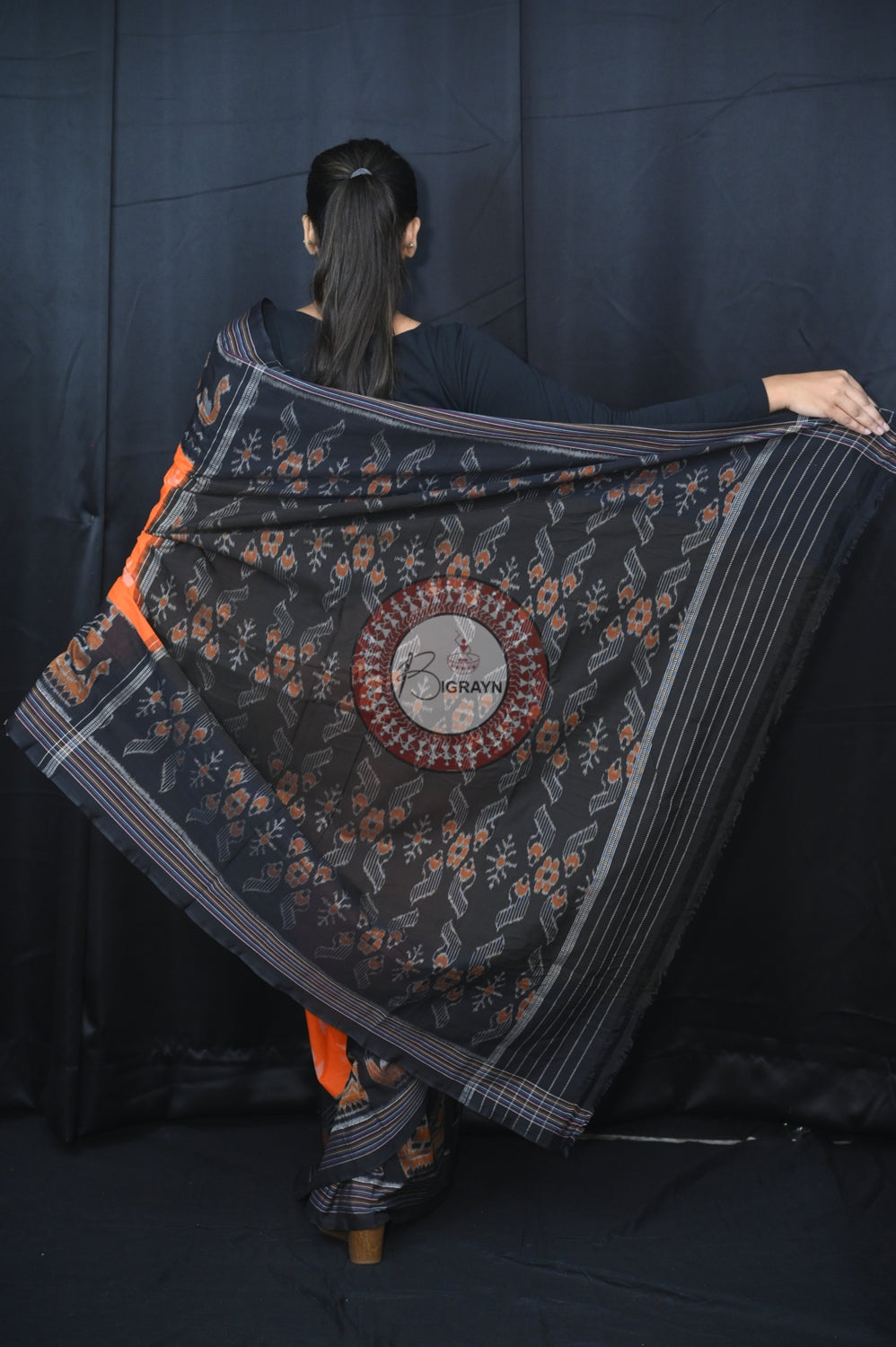 Orange Black Boita Khandua Cotton Saree