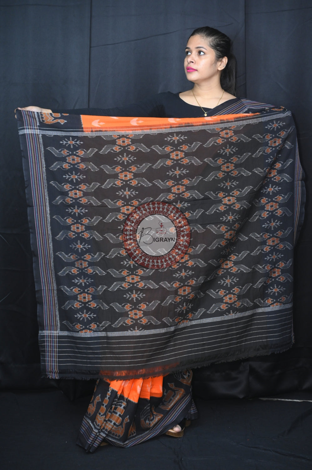 Orange Black Boita Khandua Cotton Saree