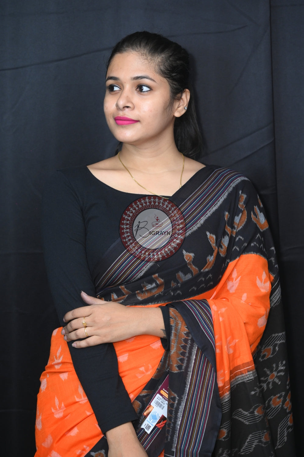 Orange Black Boita Khandua Cotton Saree