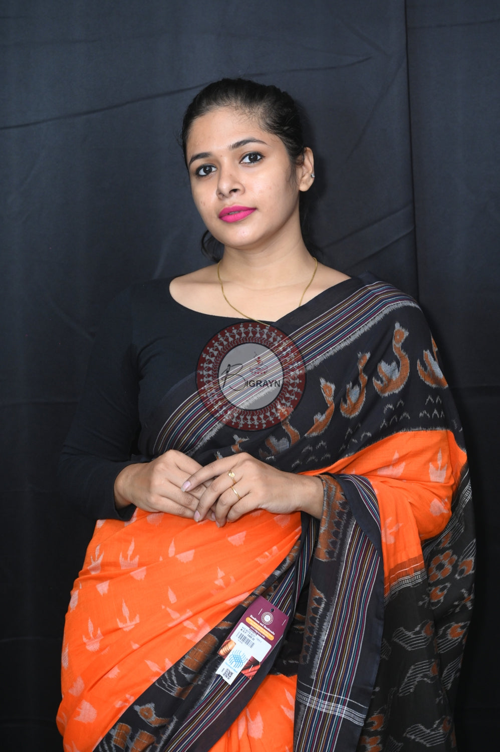 Orange Black Boita Khandua Cotton Saree