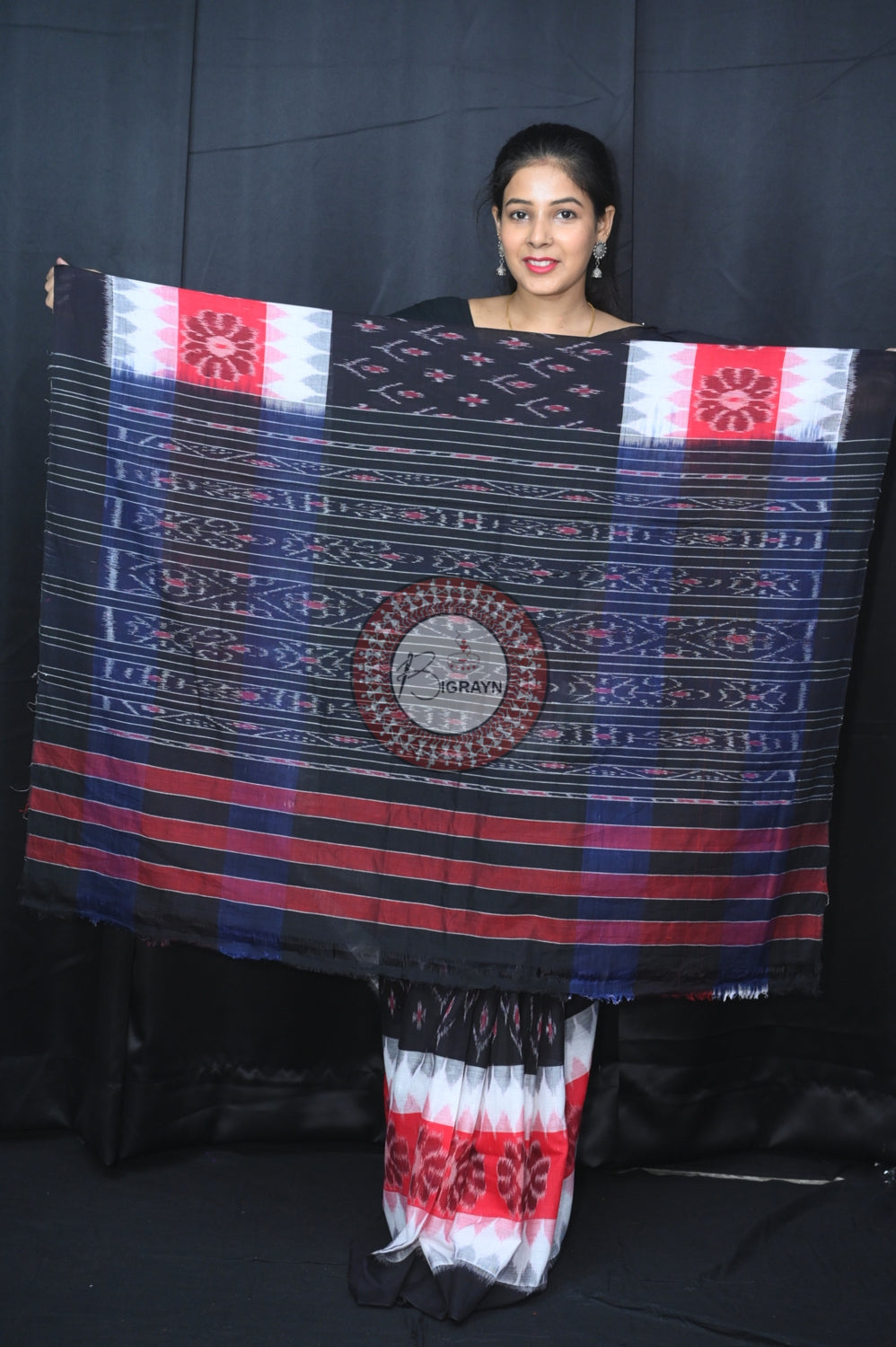 Red Black White 7D Khandua Cotton Saree