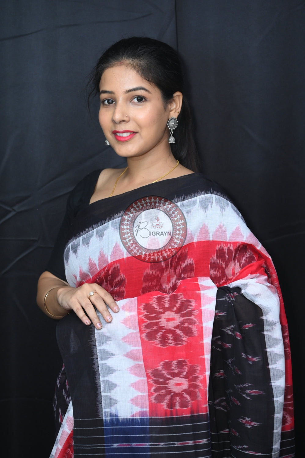 Red Black White 7D Khandua Cotton Saree