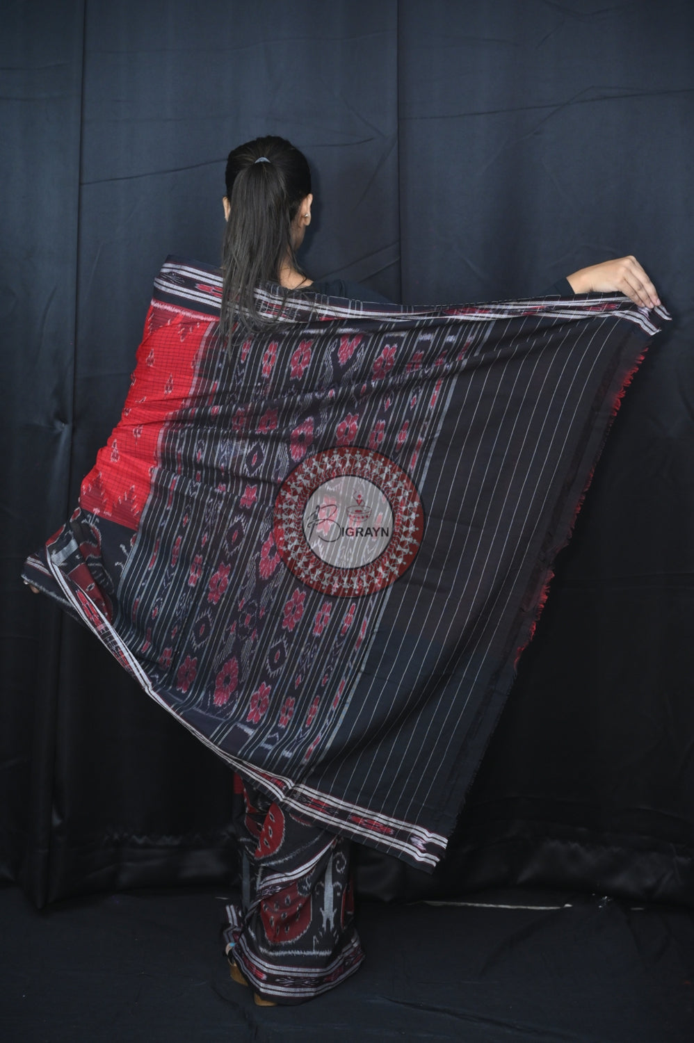 Red Black Peacock Scot Khandua Cotton Saree