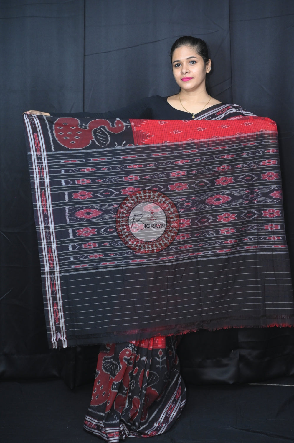 Red Black Peacock Scot Khandua Cotton Saree