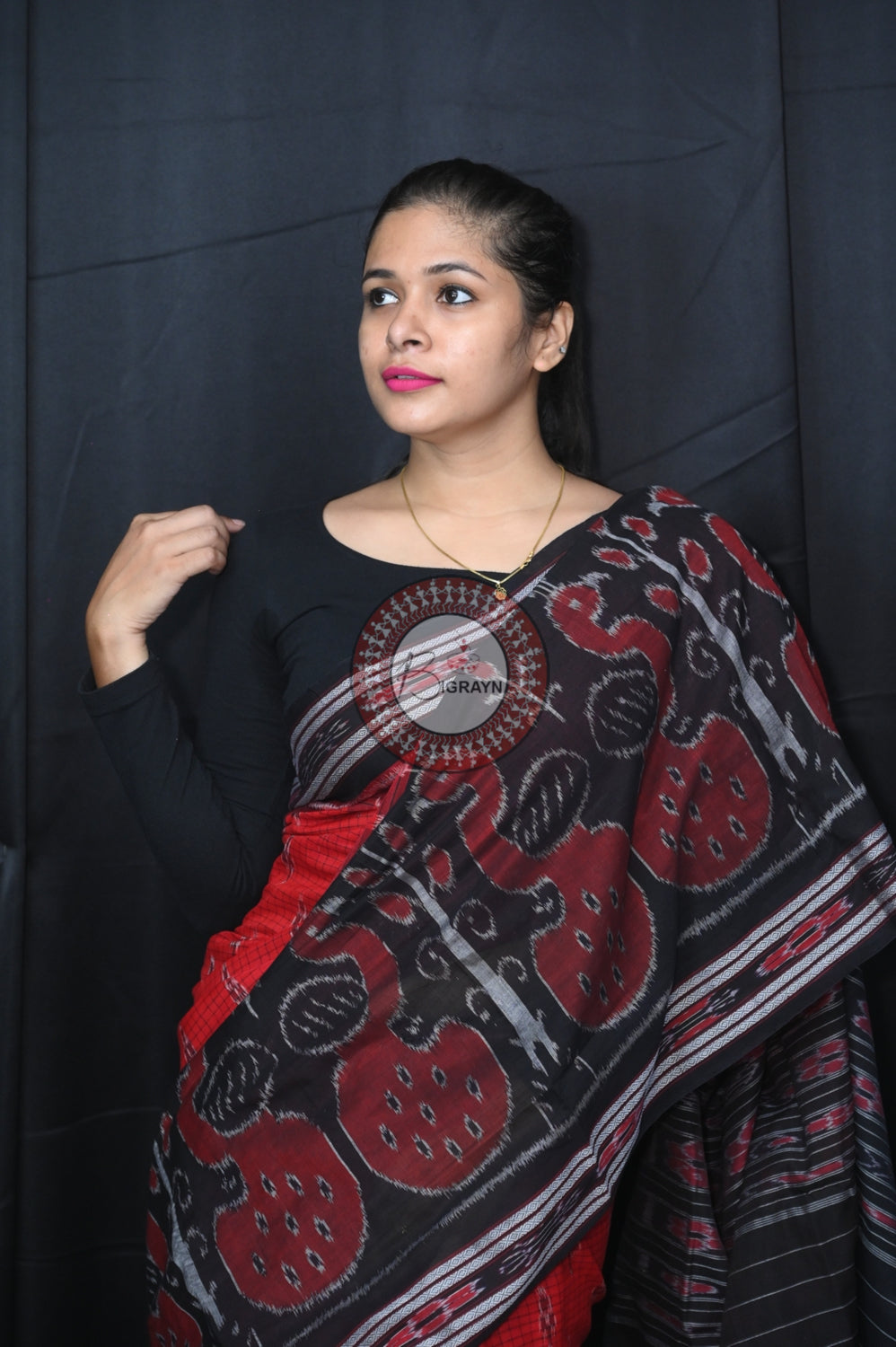 Red Black Peacock Scot Khandua Cotton Saree
