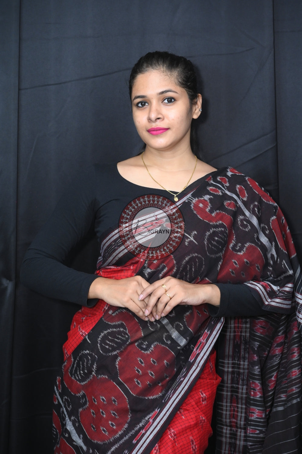 Red Black Peacock Scot Khandua Cotton Saree