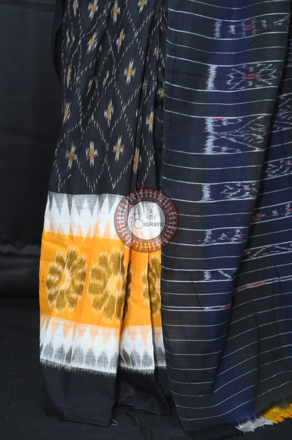 Yellow White Black 7D Khandua Cotton Saree
