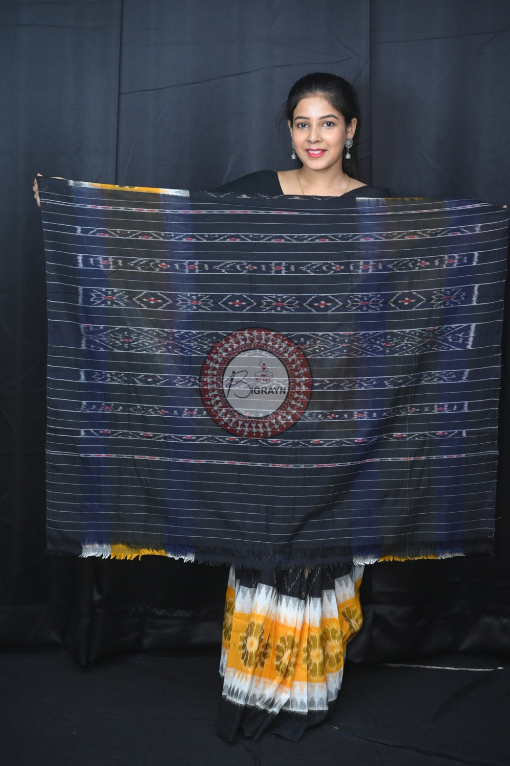 Yellow White Black 7D Khandua Cotton Saree