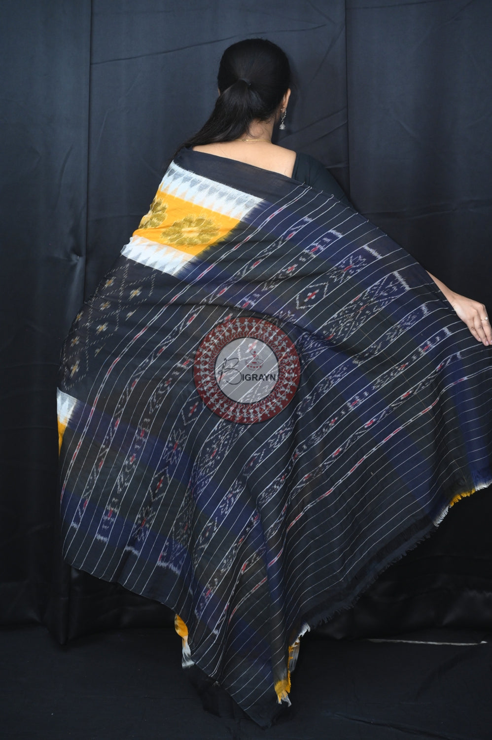 Yellow White Black 7D Khandua Cotton Saree