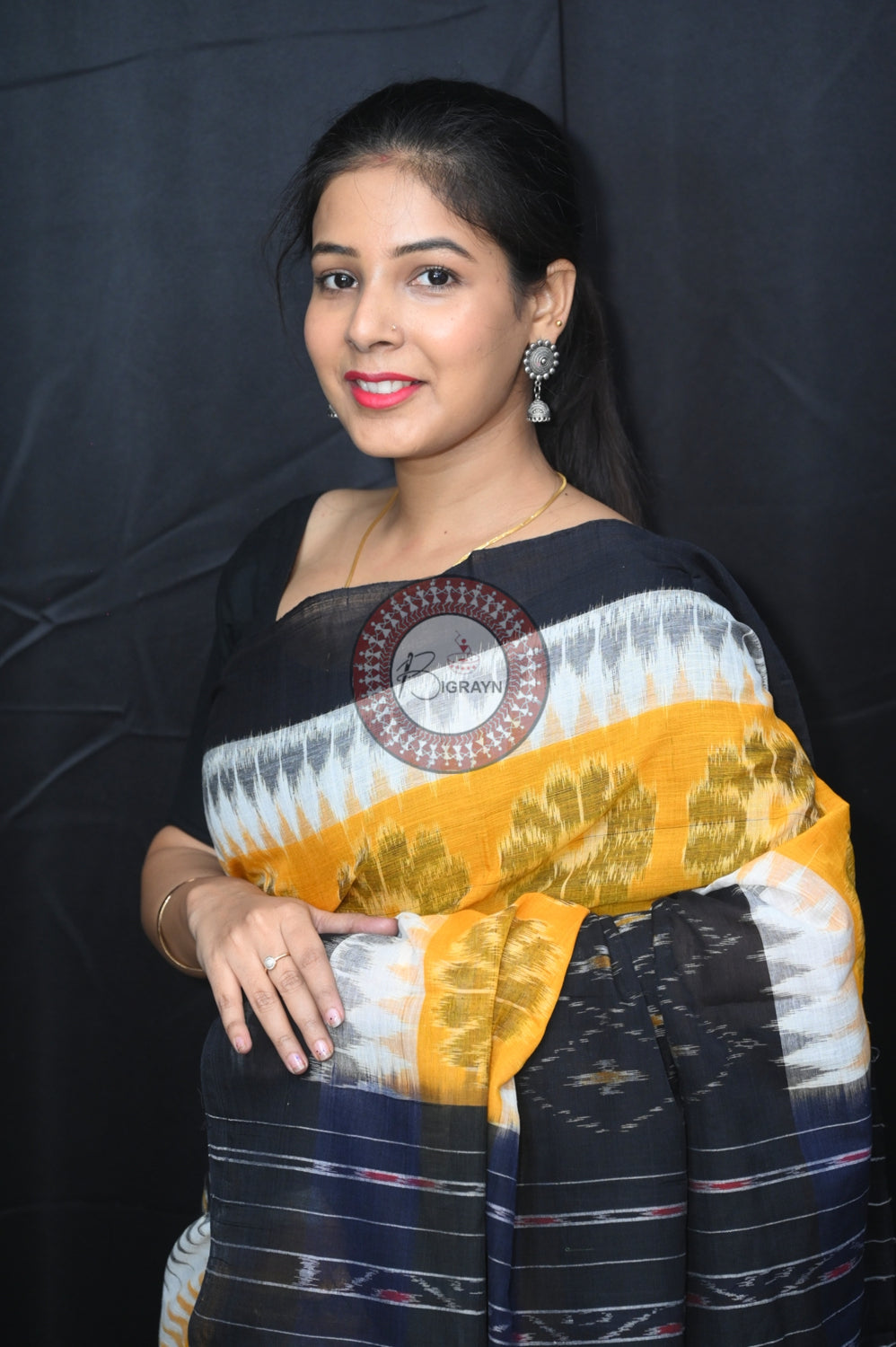 Yellow White Black 7D Khandua Cotton Saree