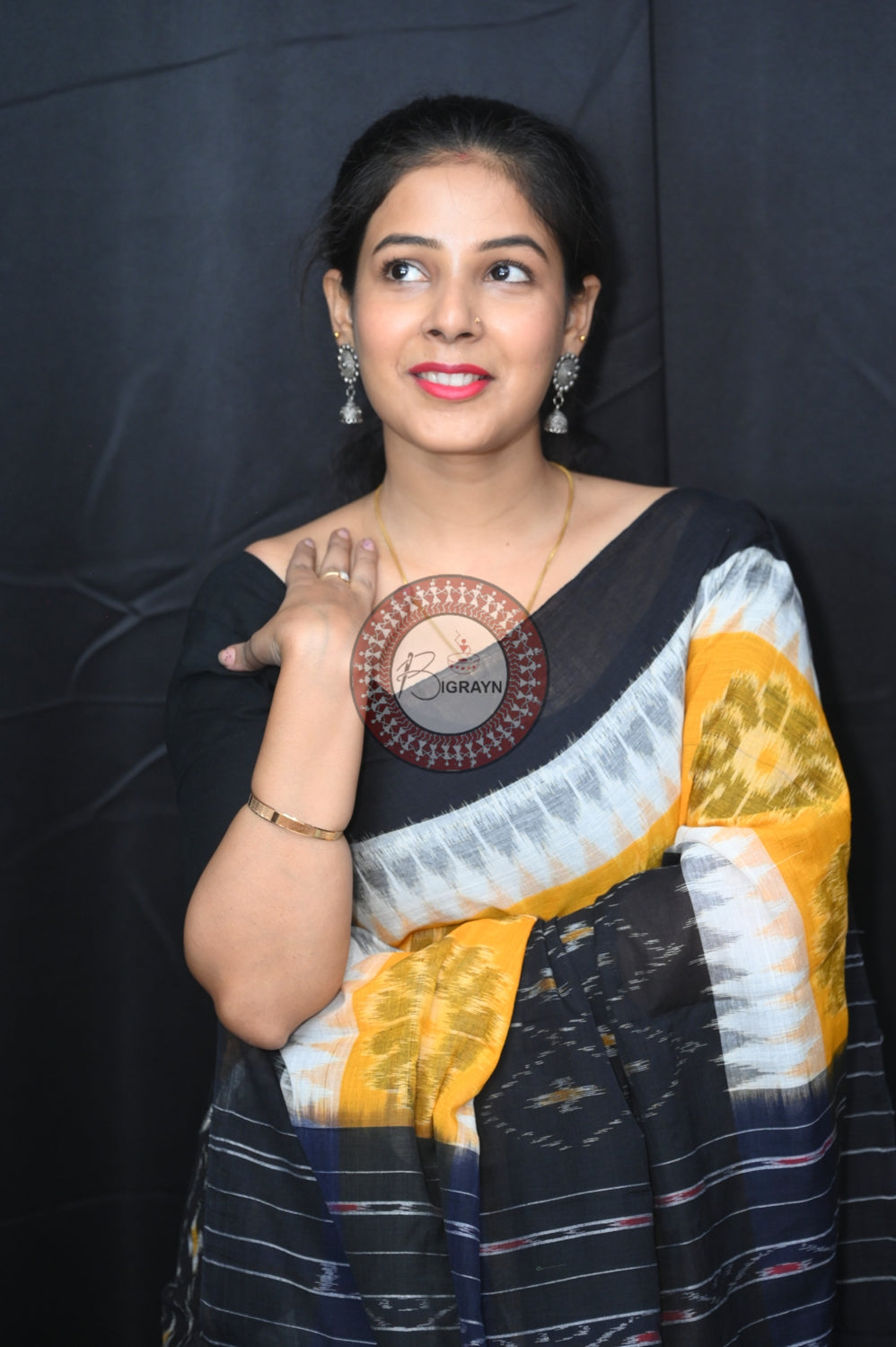 Yellow White Black 7D Khandua Cotton Saree