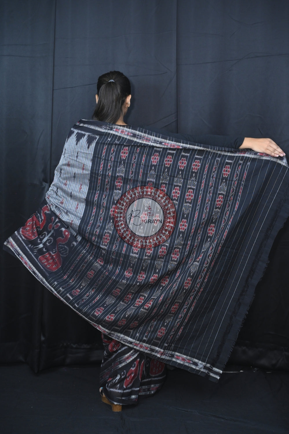 Grey Black Peacock Scot Khandua Cotton Saree