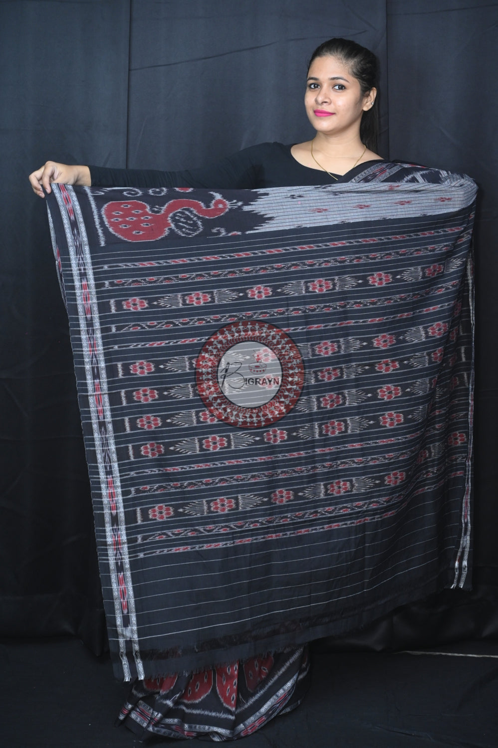 Grey Black Peacock Scot Khandua Cotton Saree