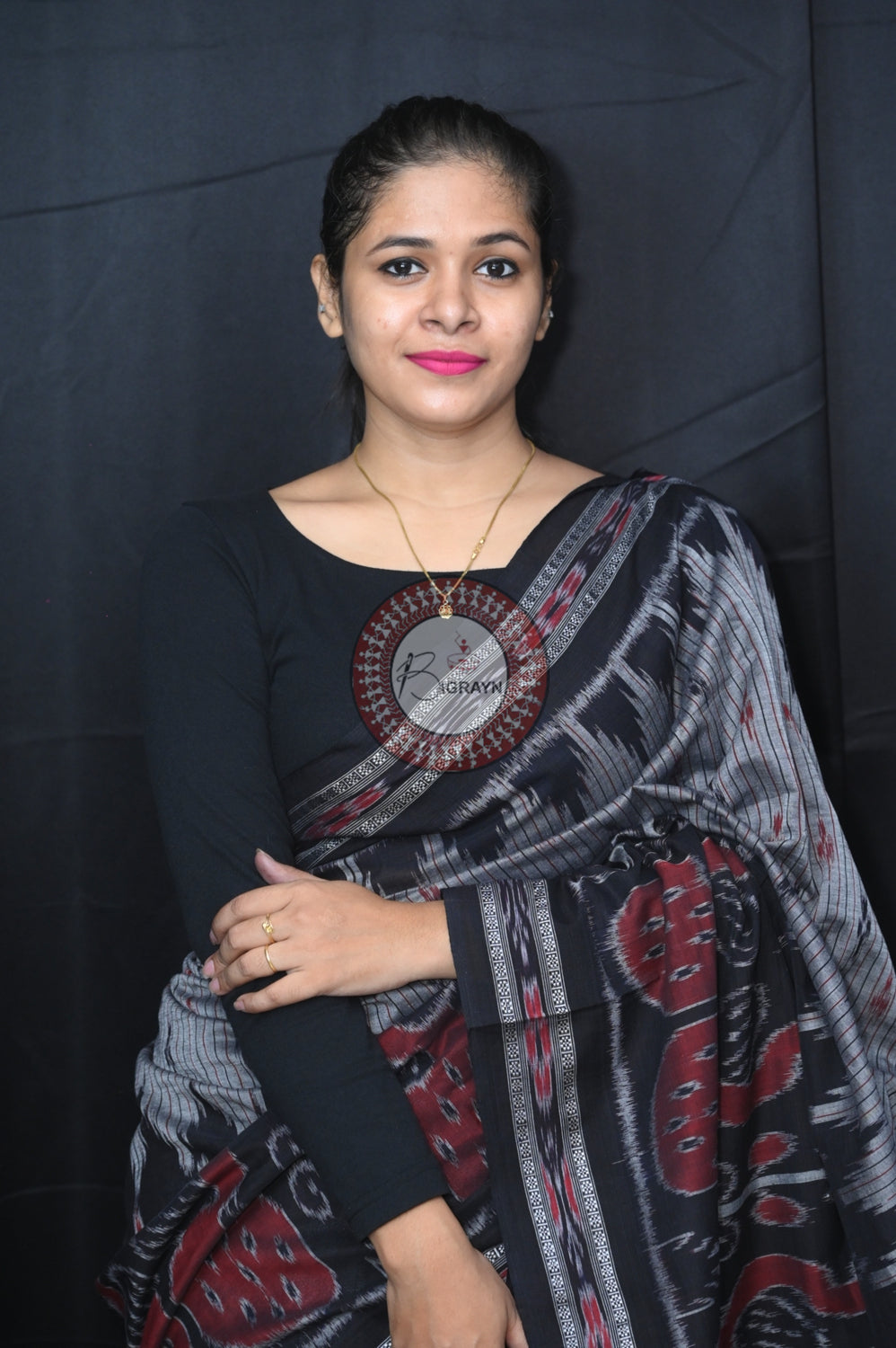 Grey Black Peacock Scot Khandua Cotton Saree