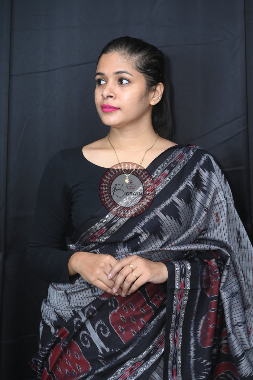 Grey Black Peacock Scot Khandua Cotton Saree