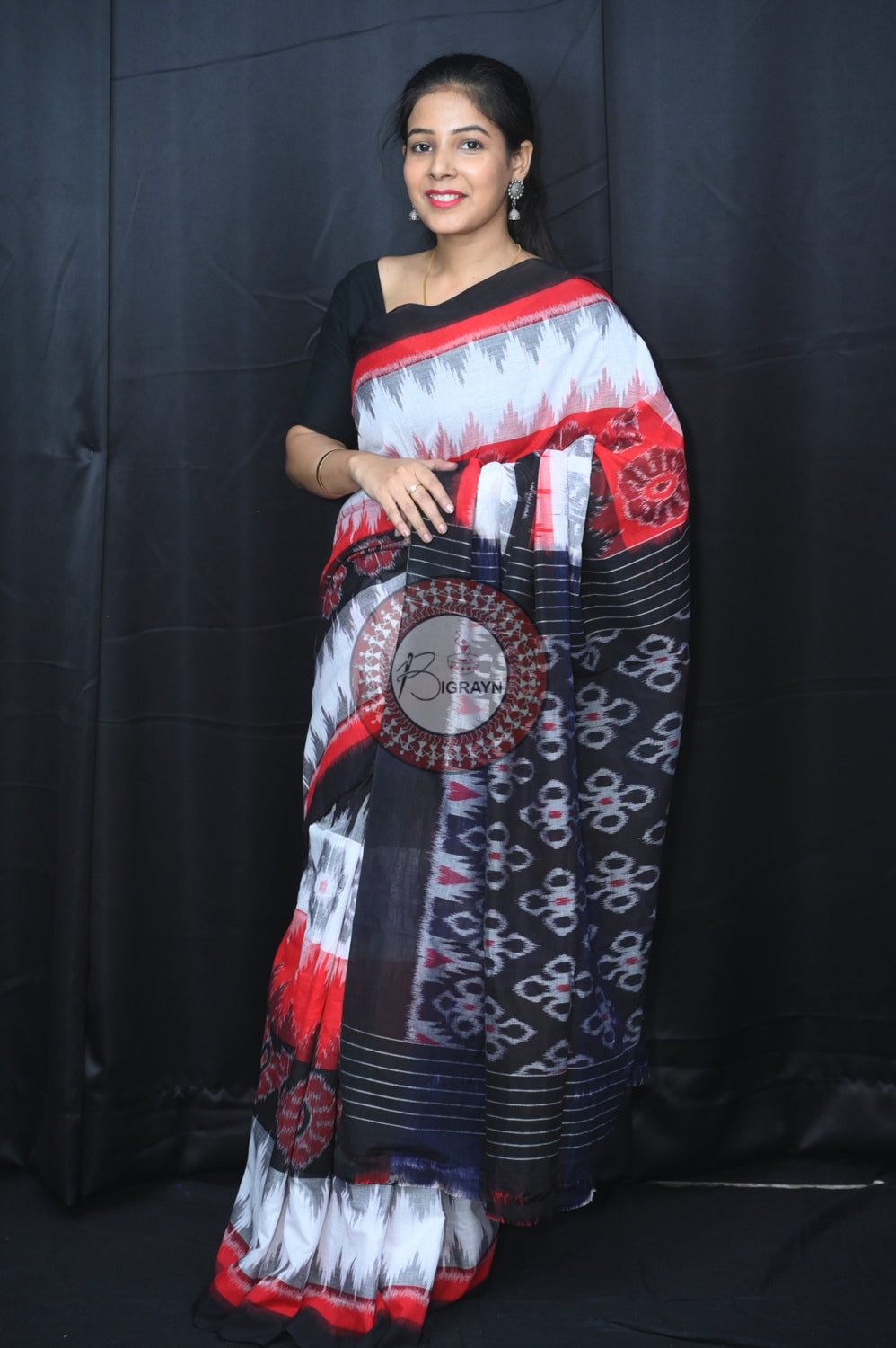Red Black White Flower 7D Khandua Cotton Saree