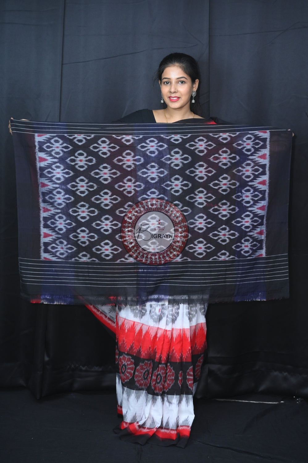 Red Black White Flower 7D Khandua Cotton Saree