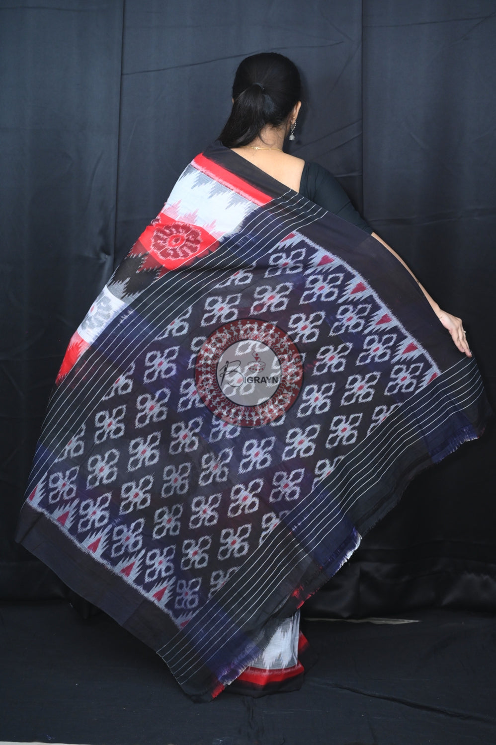 Red Black White Flower 7D Khandua Cotton Saree