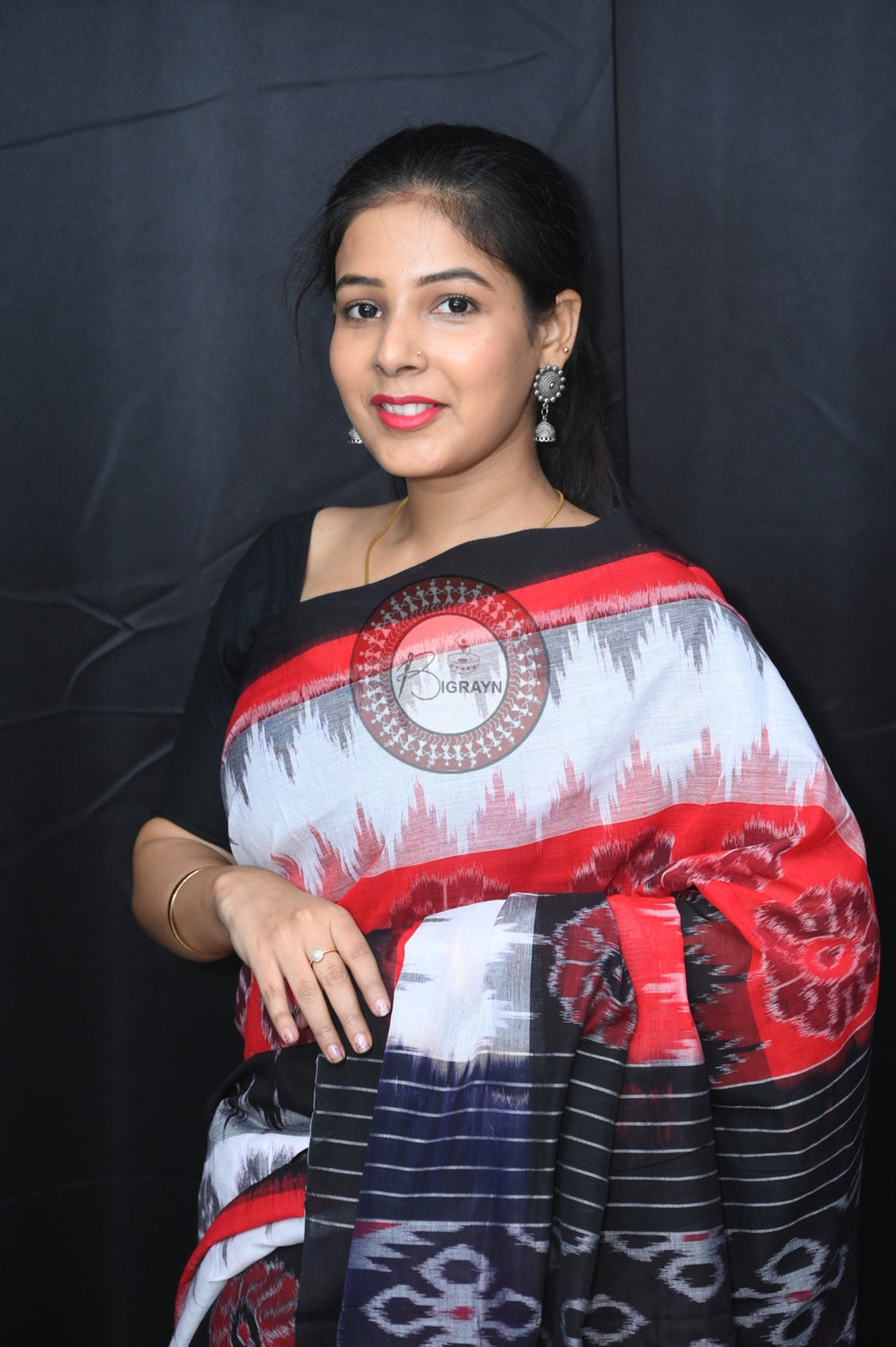 Red Black White Flower 7D Khandua Cotton Saree