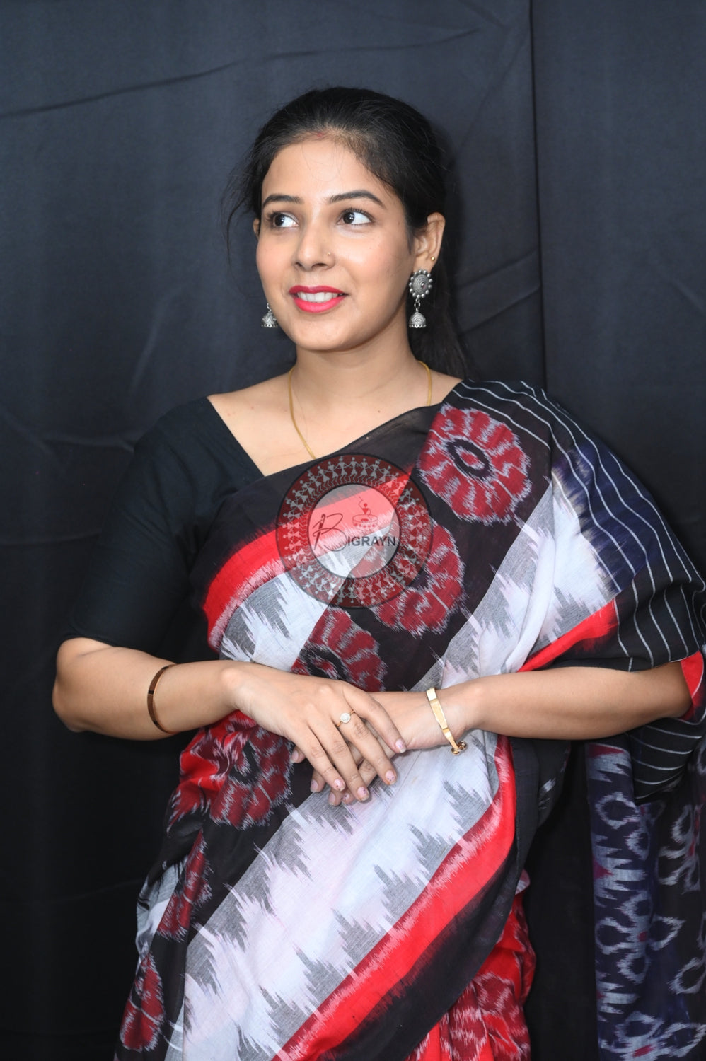 Red Black White Flower 7D Khandua Cotton Saree