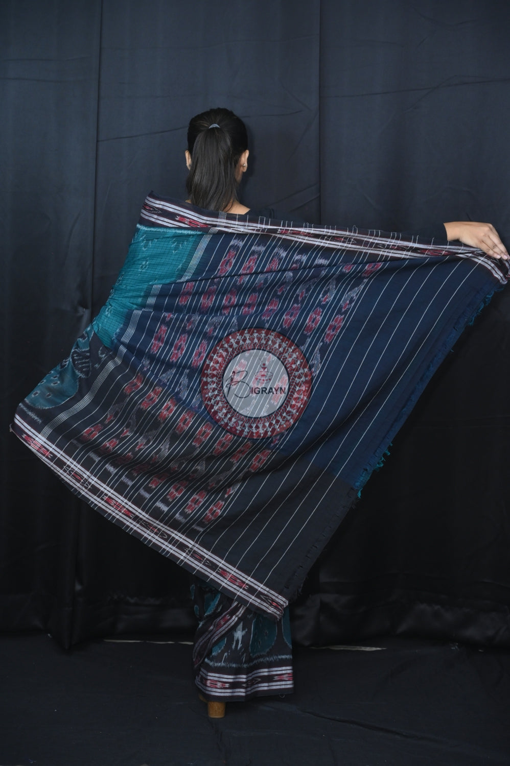 Green Black Peacock Scot Khandua Cotton Saree