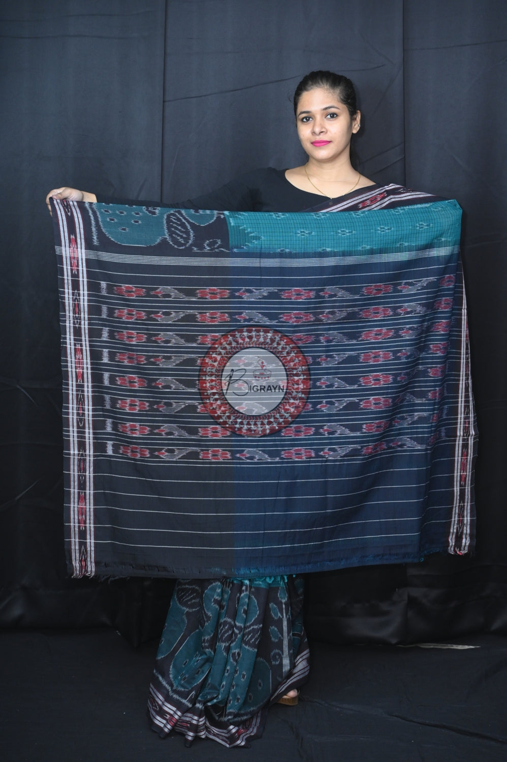 Green Black Peacock Scot Khandua Cotton Saree