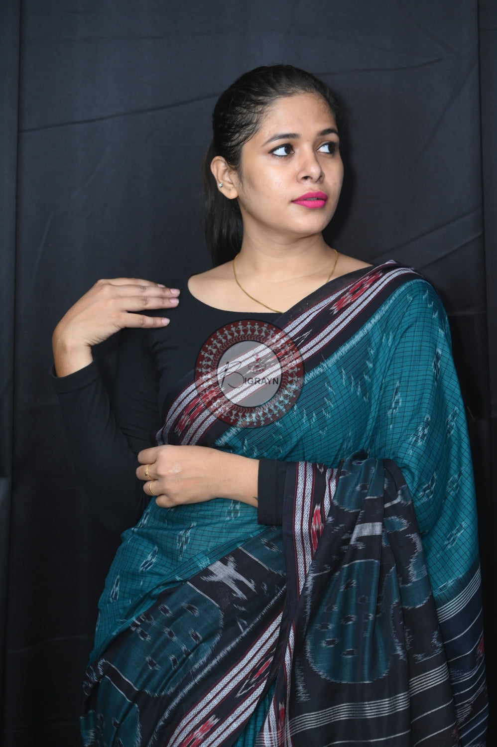 Green Black Peacock Scot Khandua Cotton Saree