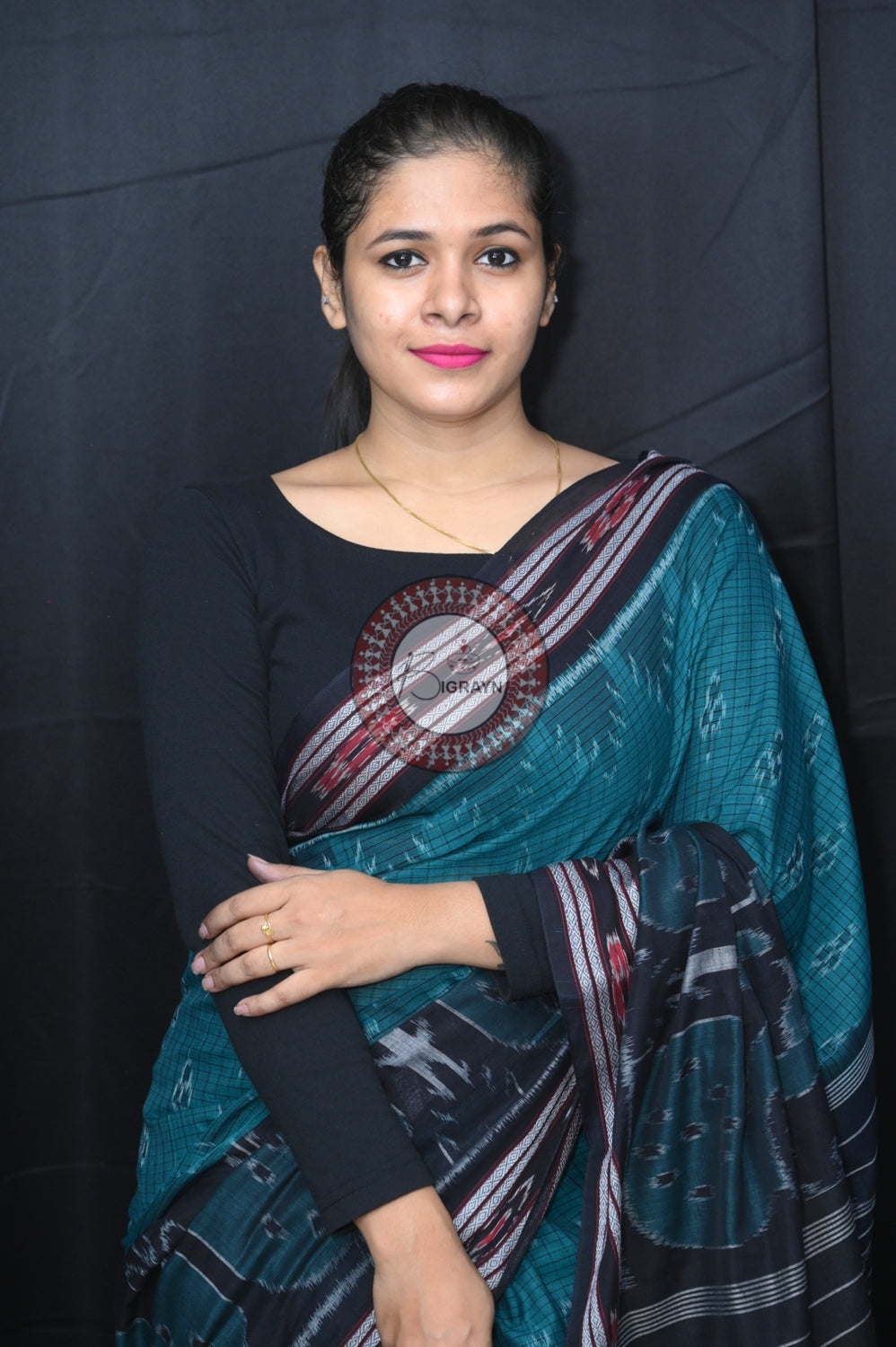 Green Black Peacock Scot Khandua Cotton Saree