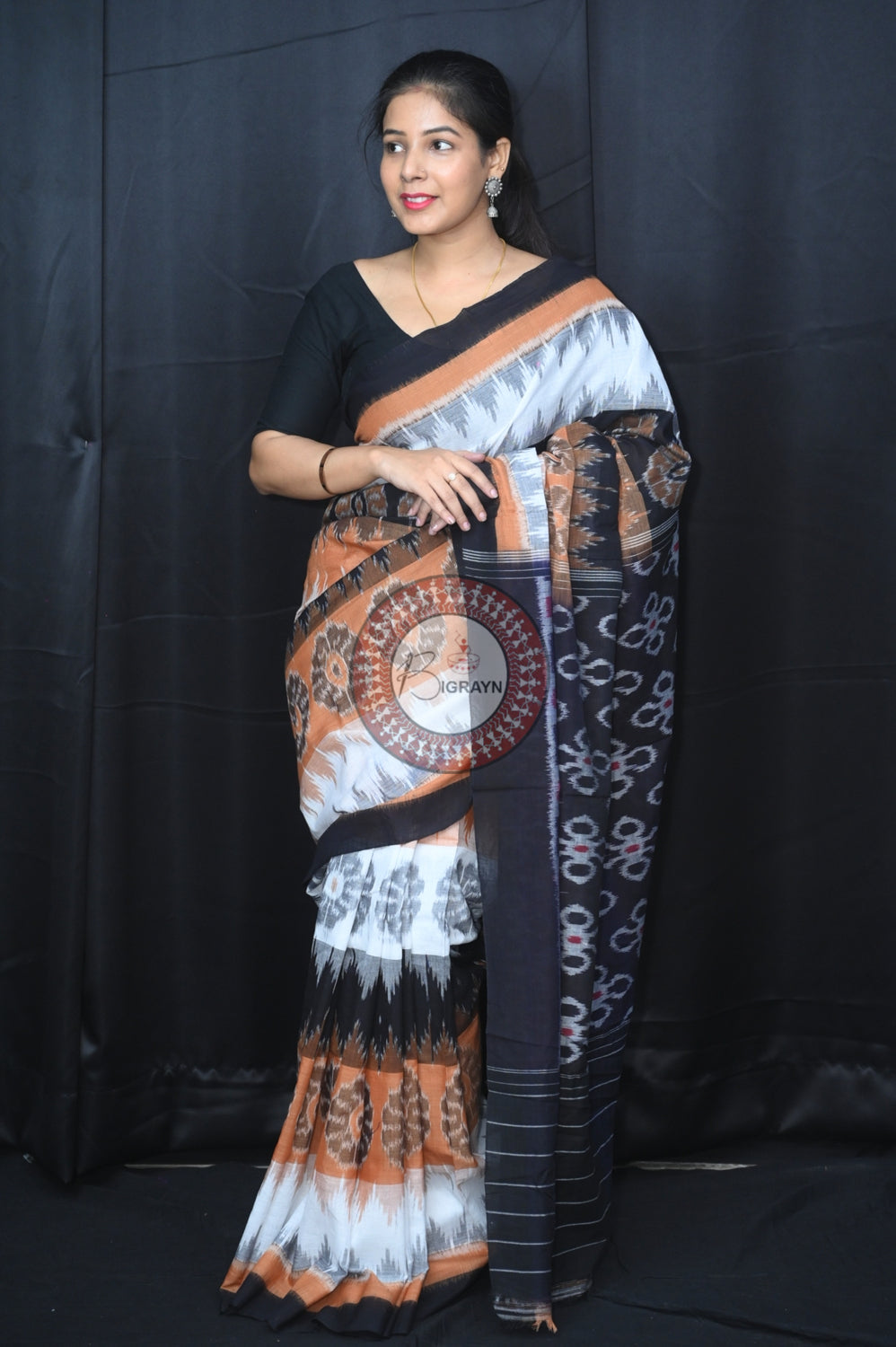 Brown Black White 7D Khandua Cotton Saree