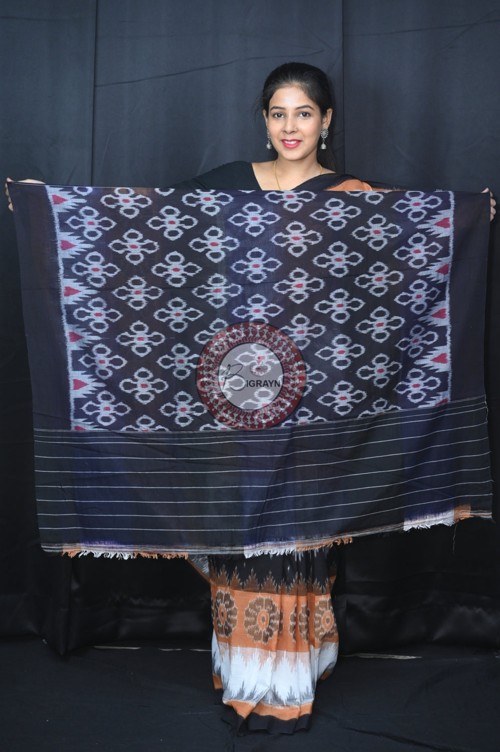 Brown Black White 7D Khandua Cotton Saree