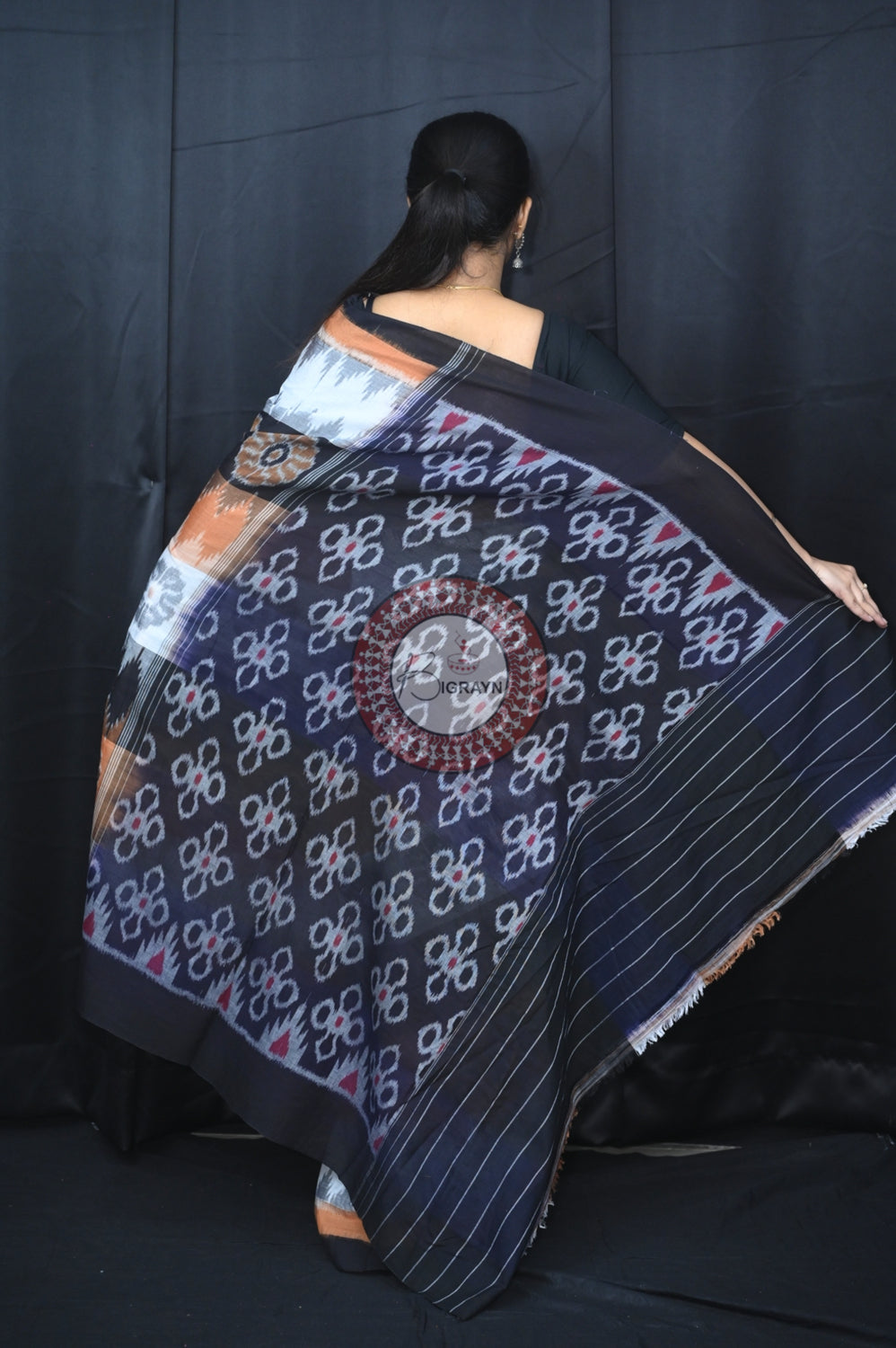 Brown Black White 7D Khandua Cotton Saree