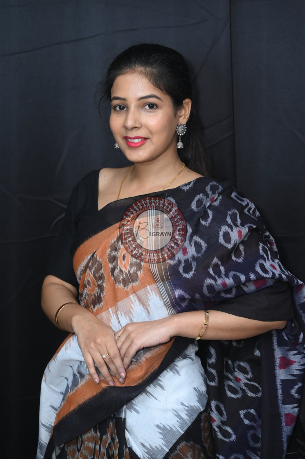 Brown Black White 7D Khandua Cotton Saree