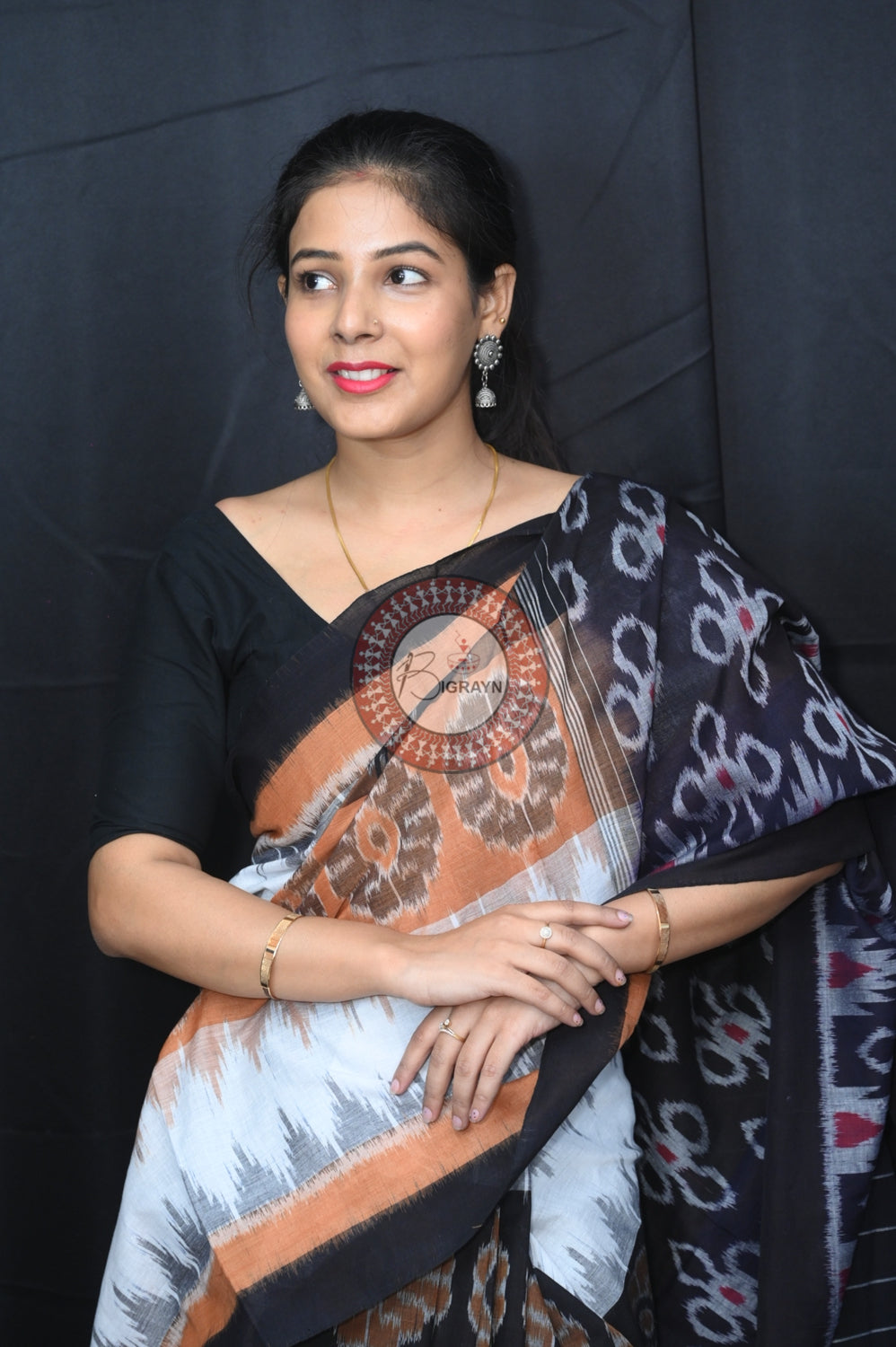 Brown Black White 7D Khandua Cotton Saree