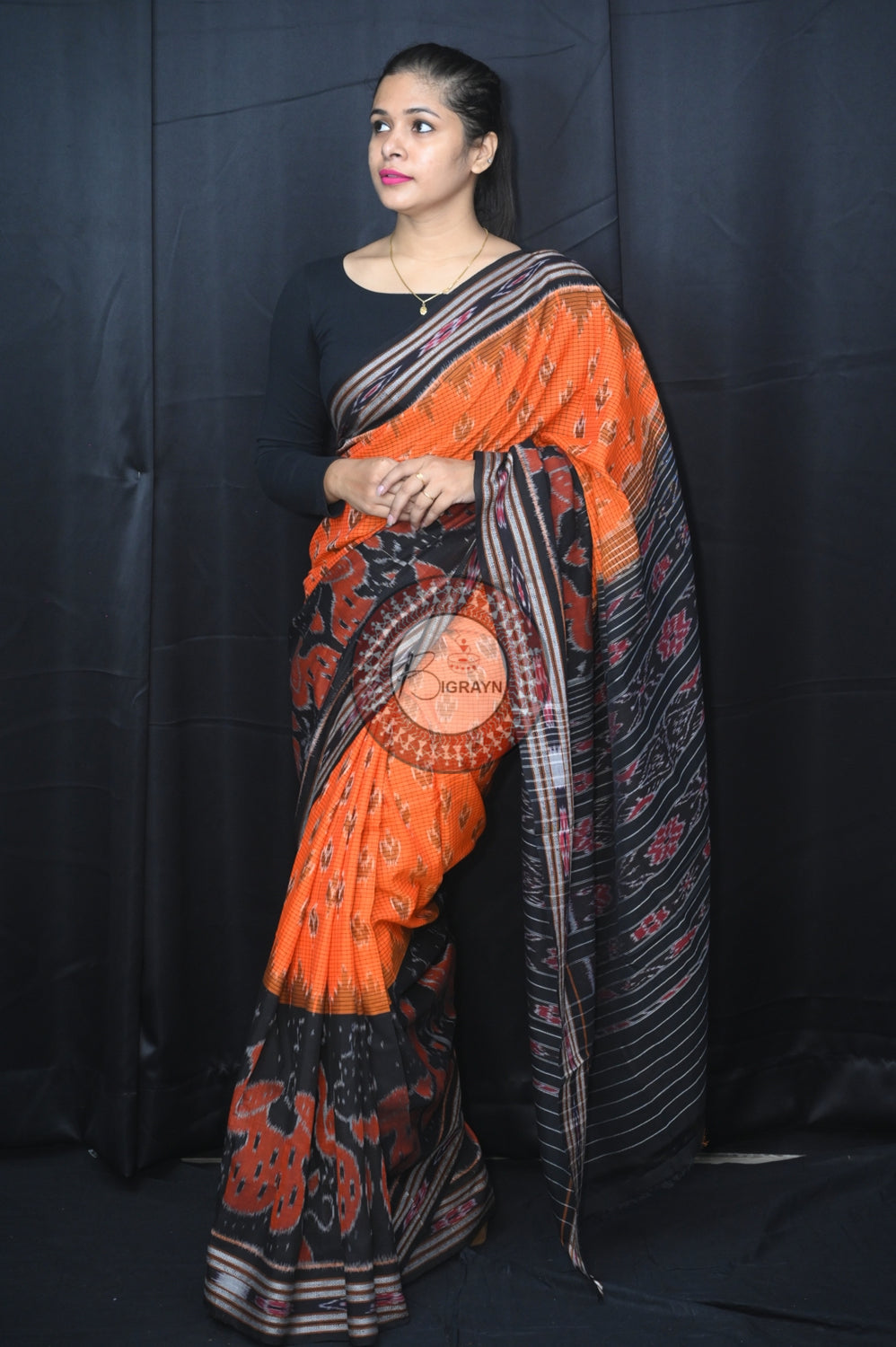 Orange Black Peacock Scot Khandua Cotton Saree