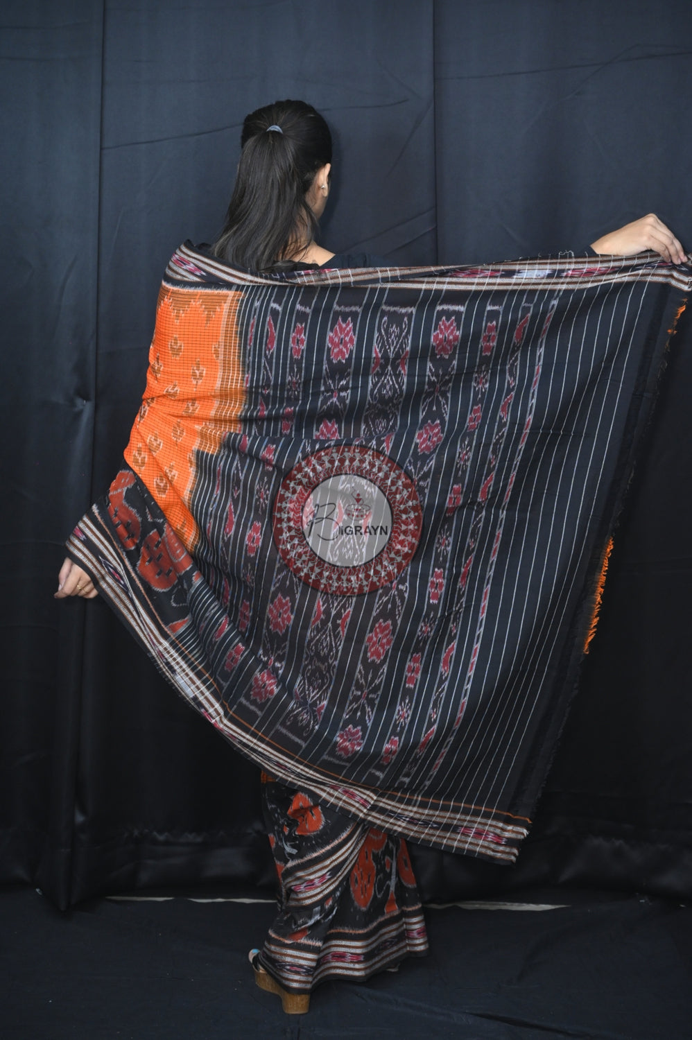 Orange Black Peacock Scot Khandua Cotton Saree