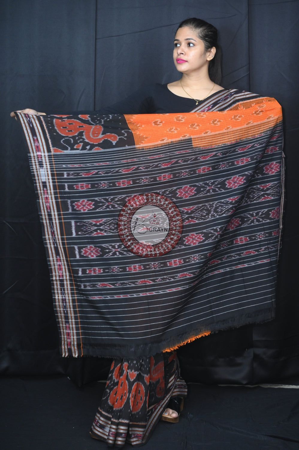 Orange Black Peacock Scot Khandua Cotton Saree