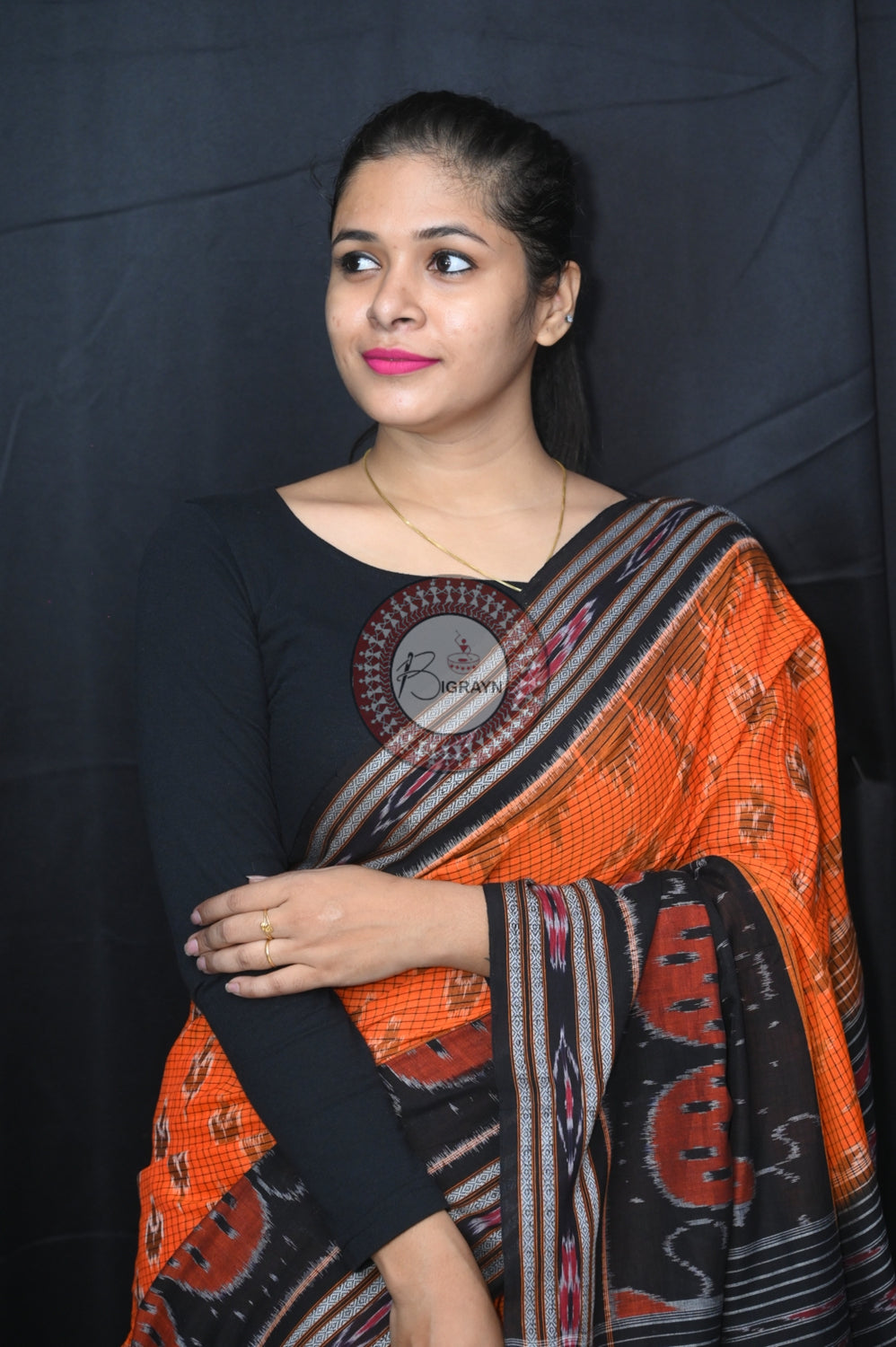 Orange Black Peacock Scot Khandua Cotton Saree