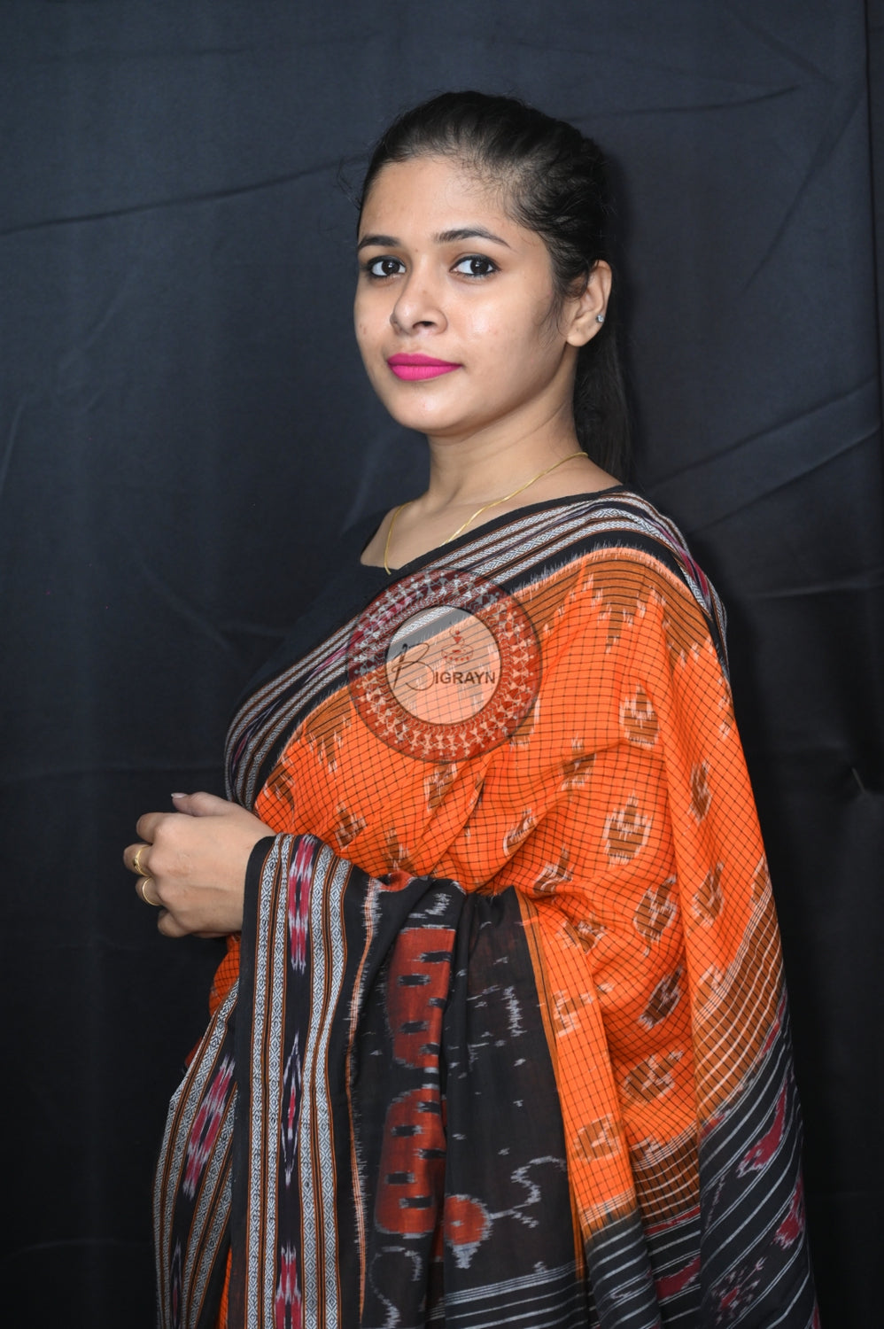 Orange Black Peacock Scot Khandua Cotton Saree