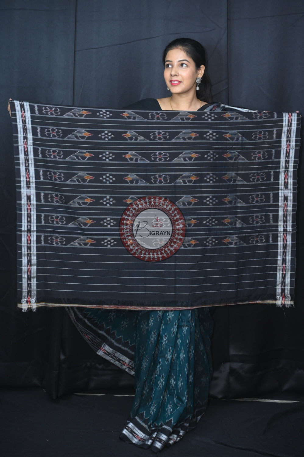 Green Black Body Bandha Khandua Cotton Saree