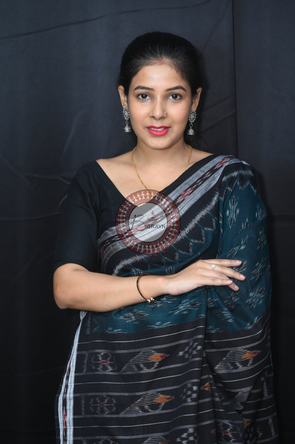 Green Black Body Bandha Khandua Cotton Saree