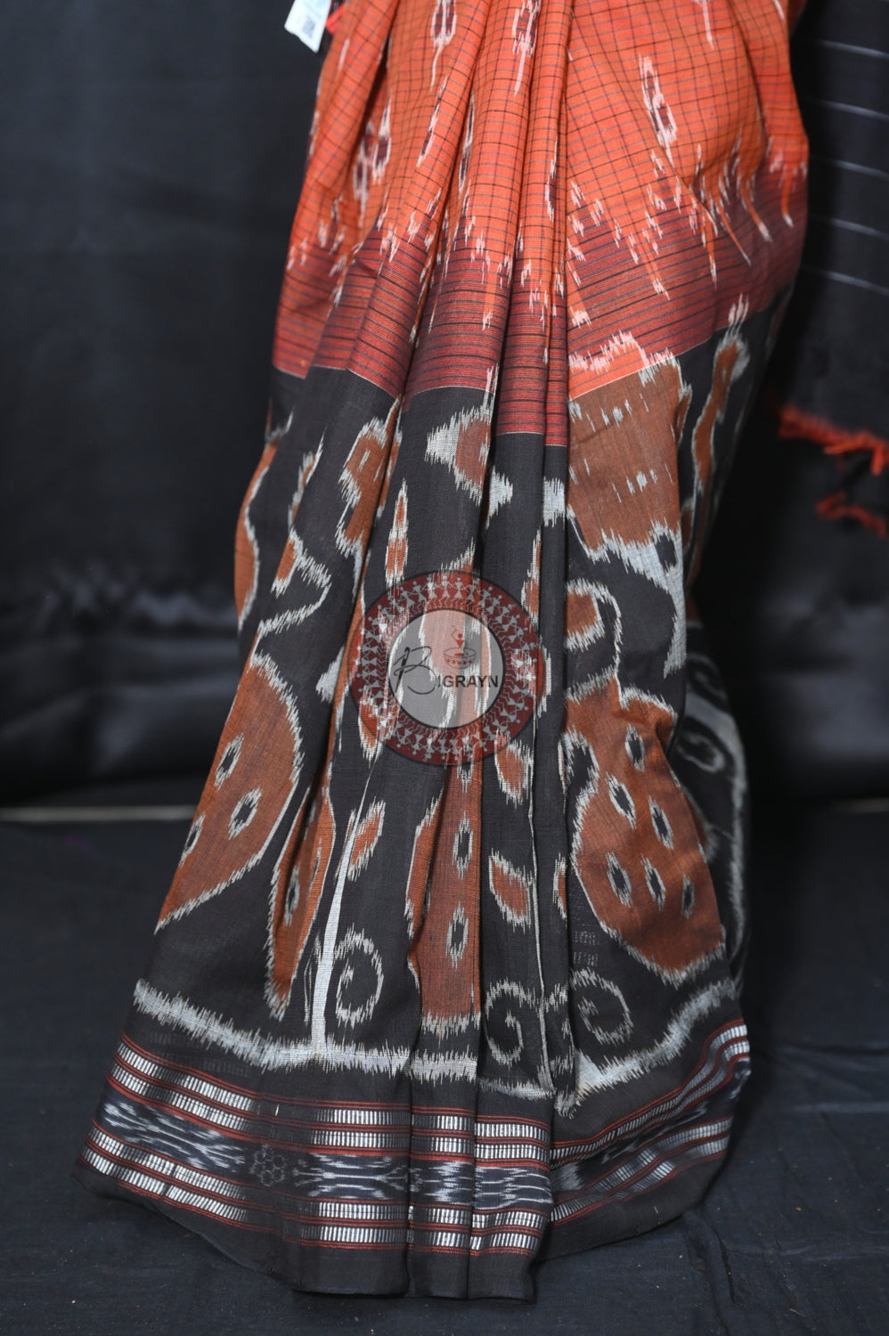 Brown Black Peacock Scot Khandua Cotton Saree